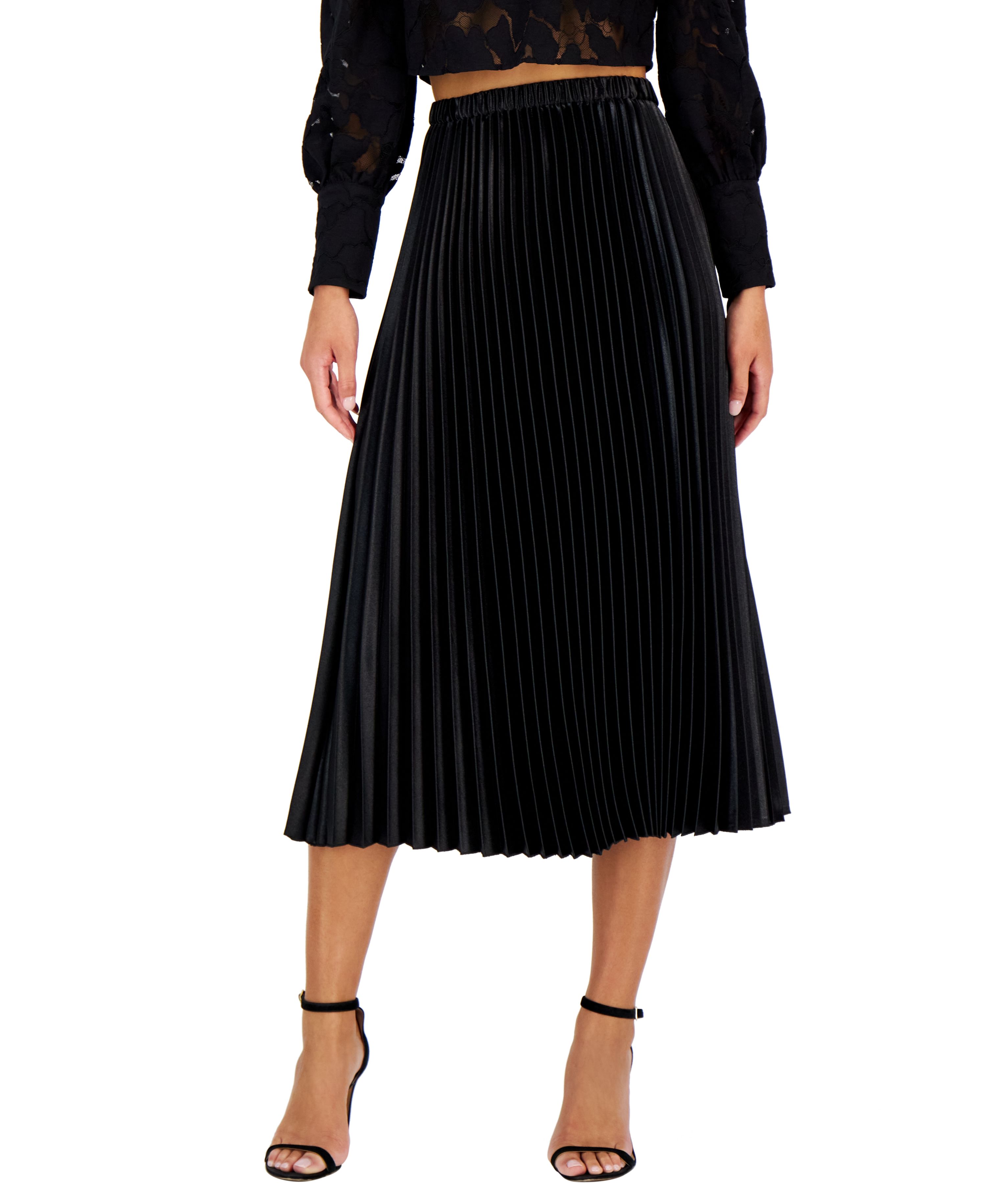 Petite Pull-On Pleated Satin-Crepe Skirt Anne Black PM